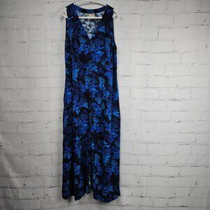 Paradise Found Hawaiian Blue Floral Rayon Maxi Dress Womens 2XL Pockets Buttons